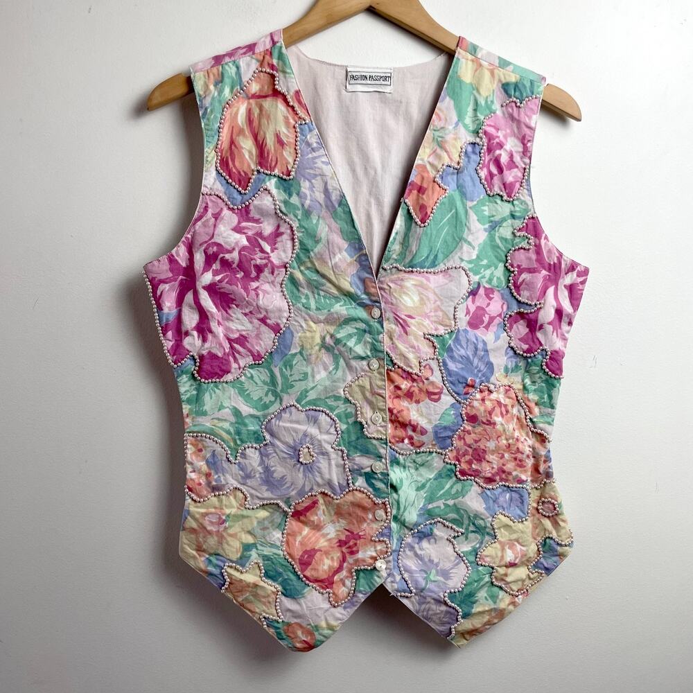 Vintage 80s 90s Floral Vest Large Lightweight Beaded Cottage Pastel‎ Shabby Chic